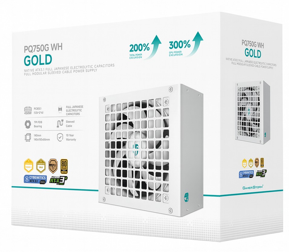 PSD-PQ750G-GS-WH DeepCool PQ750G WH 750W Gamer Storm 80+ Gold/Cybenetics Fully Modular ATX Power Supply 120mm Fan, Japanese Capacitors, DC to DC, ATX12V V3.1