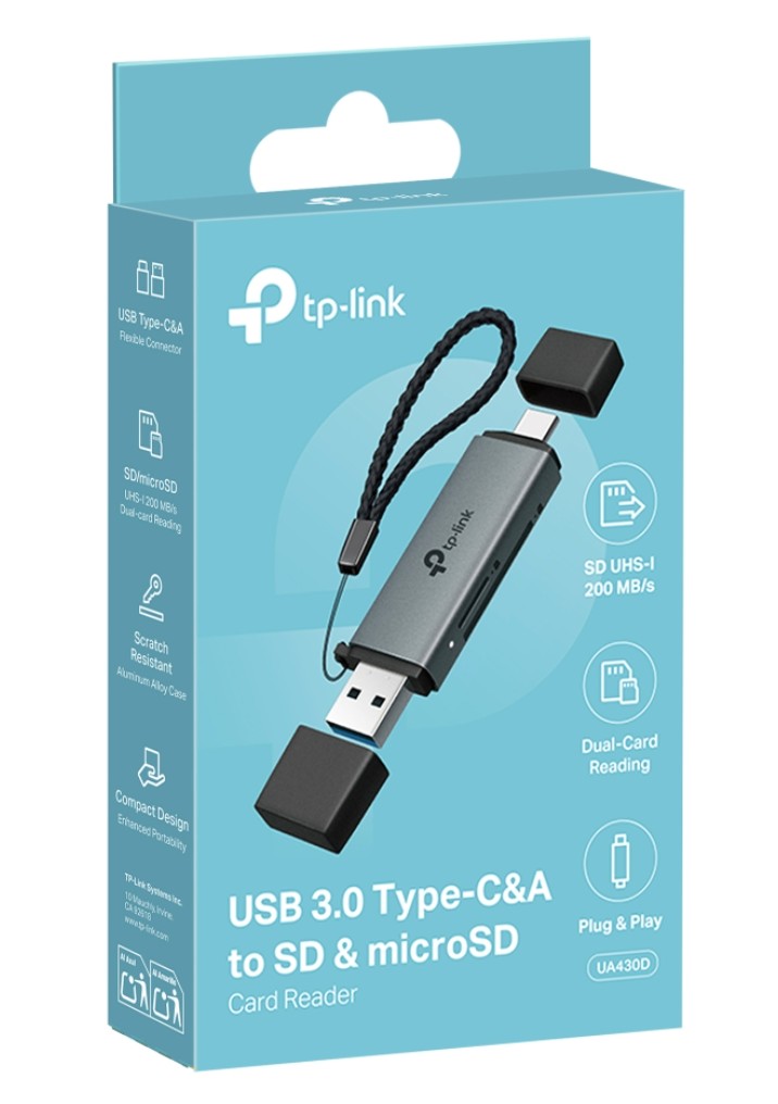 USTL-UA430D TP-Link UA430D USB 3.0 Type-C&A to SD & microSD 3.0 Card Reader, support SD，SDHC、SDXC，microSD、microSDHC、microSDXC cards up to 2TB.