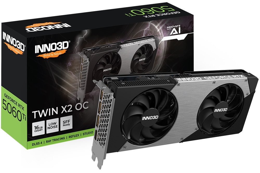 [VCI-RTX5060TI-TWX216-O] VCI-RTX5060TI-TWX216-O INNO3D nVidia GeForce RTX 5060 Ti TWIN X2 OC 16GB GDDR7,  2602MHz Boost Clock, RAM 28Gbps, 3xDP, 1xHDMI 250x116x41mm