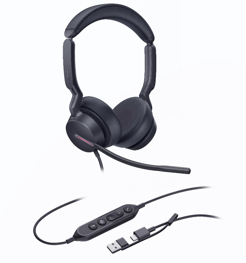 IPY-UH46-D-MS-CA Yealink UH46 Dual Teams USB-C/A Microsoft  Certified Teams USB Wired Headset 3-Noise-Canceling Microphones 35mm Speaker Busylight Leather Controller