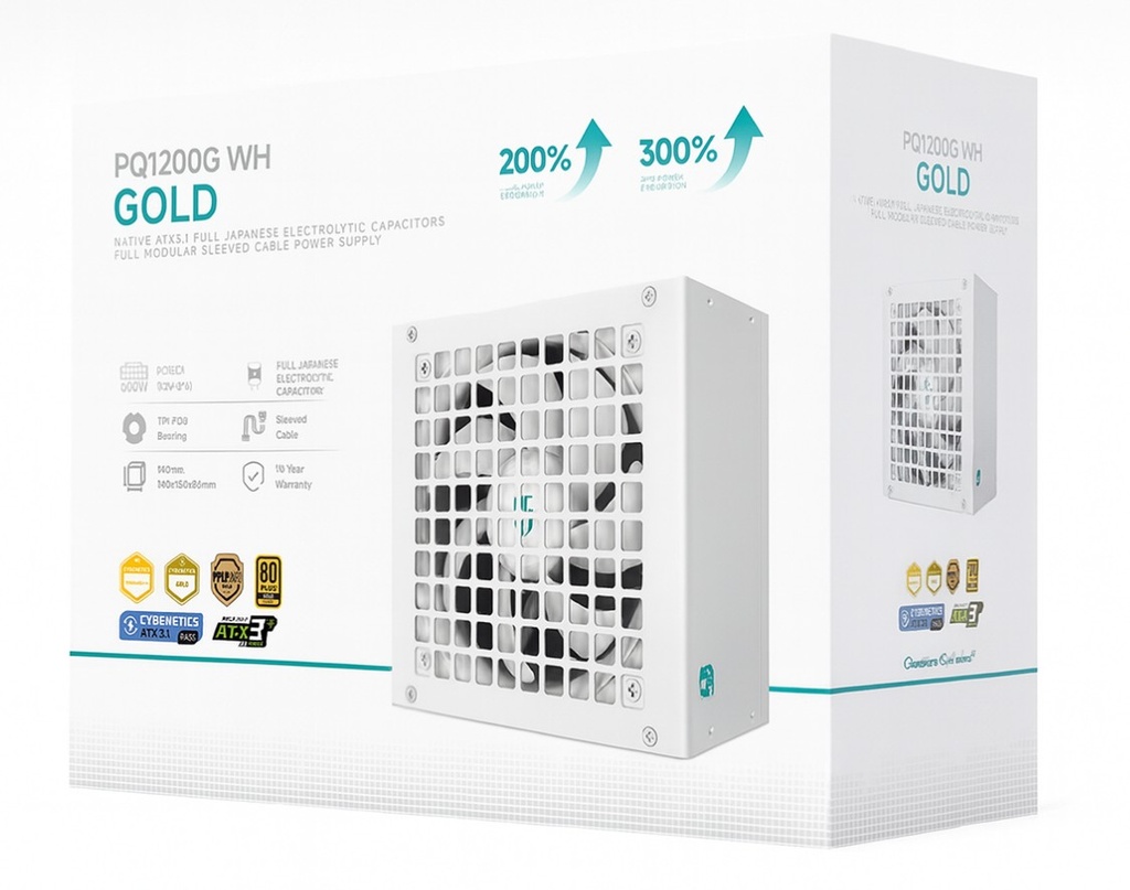 PSD-PQ1200G-GS-WH DeepCool PQ1200G WH 1200W Gamer Storm 80+ Gold/Cybenetics Fully Modular ATX Power Supply 120mm Fan, Japanese Capacitors, DC to DC, ATX12V V3.1,