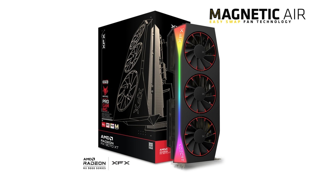 VCX-RX9070XTOC16GB-MA-BK XFX Mercury AMD Radeon RX 9070XT OC Magnetic Air Edition with RGB 16GB GDDR6, HDMI 3xDP, AMD RDNA™ 4 (97TMARGB9)