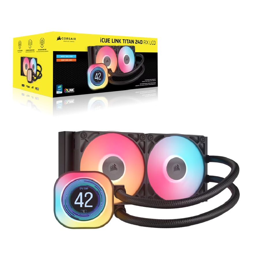 CFCW-TITAN240RXLCD-BK Corsair iCUE LINK TITAN 240 RX LCD Liquid CPU Cooler - Black: 73.5 CFM, 2100 RPM, 36 dBA, Aluminum Radiator, Copper Cold Plate, Intel/AMD Support
