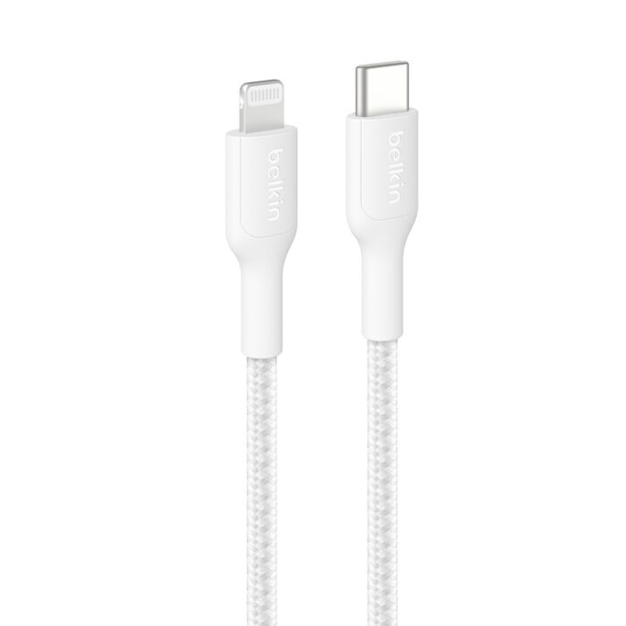 MPA-CAA022FQ2MWH Belkin BoostCharge Pro Braided Lightning to USB-C Cable (2M) - White (CAA022fq2MWH), 3A/15W, 480Mbps,350K+ Bends,Apple, MFI-Certified,2 Years Warranty