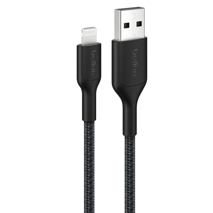 MPA-CAA020FQ1MBK Belkin BoostCharge Pro Braided Lightning to USB-A Cable (1M) - Black (CAA020FQ1MBK), 2.4A/15W, 480Mbps, 350K Bends, MFI-Certified, 2 Years Warranty
