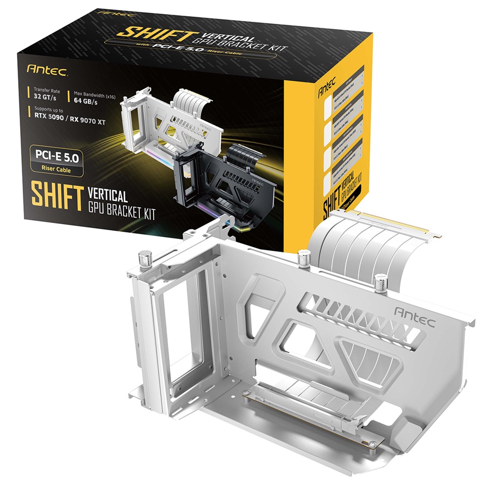 AT-ARCVB-W190-A-PCIE5 Antec AT-ARCVB-W190-A-PCIE5 SHIFT ARGB White PCI-E 5.0, 190mm riser, ARGB, PCIe 5.0 x16, fits up to 3-slot GPUs, 284–337mm size, 1Y warranty