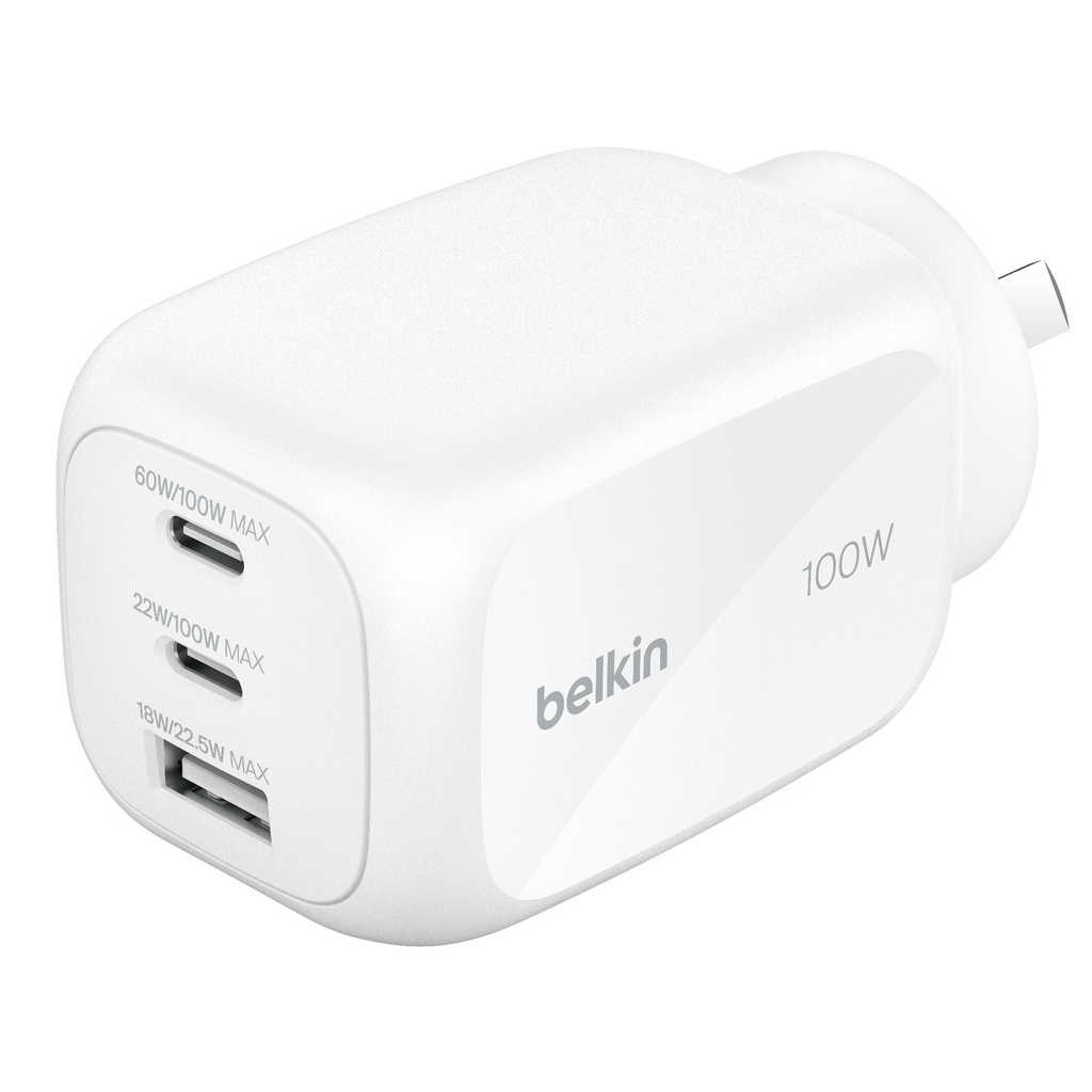 [MPA-WCH016AUWH] MPA-WCH016AUWH Belkin BoostCharge Pro 100W 3-Port GaN Wall Charger - White (WCH016AUWH), 2x USB-C, 1x USB-A, Compact Laptop Charger, $2500 CEW , 2 Years Warranty