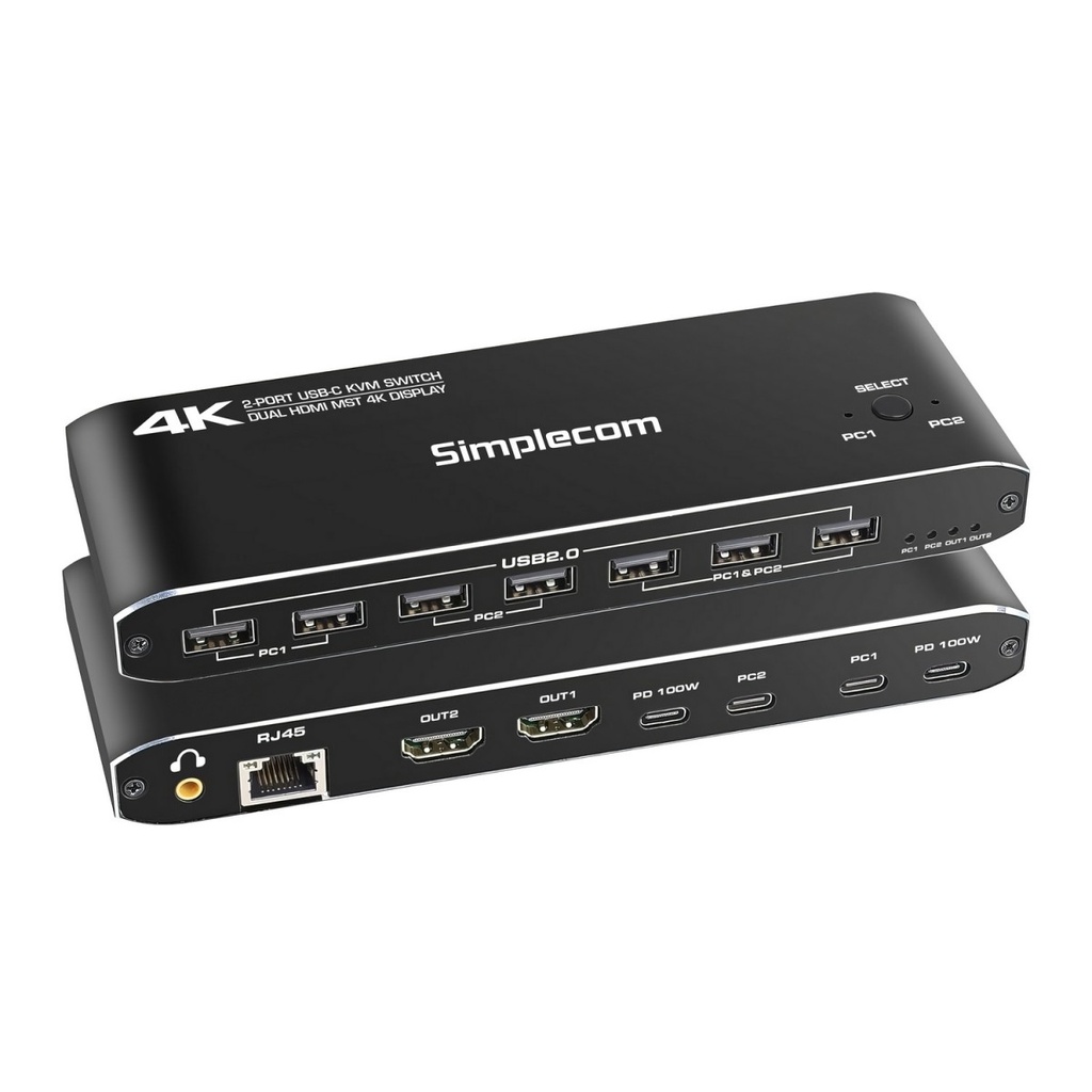 [HXSI-KM590] HXSI-KM590 Simplecom KM590 2-Port USB-C Dual 4K HDMI Monitor KVM Switch and Docking Station with Network Sharing
