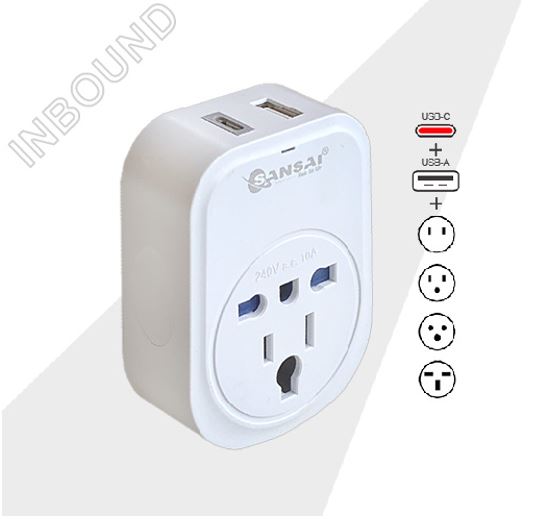 USPA-STV-907AC Sansai USB Travel Adaptor USB A + C 2xUSB Charging Outlets 100-240VAC 10A 2400W Compatible with plugs from many countries