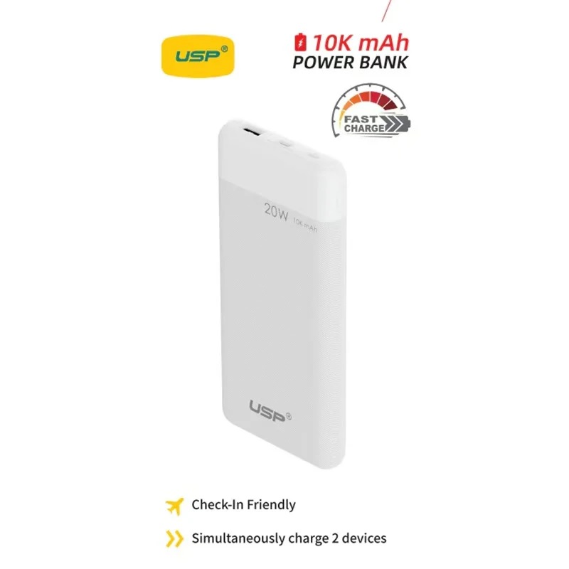 MPA-6976552043762 USP 10K mAh Power Bank White - 20W Fast Charge, 1x USB-C, 1x USB-A, Built-in Electricity Indicator Light, Fire-Resistant, 2 Years Warranty