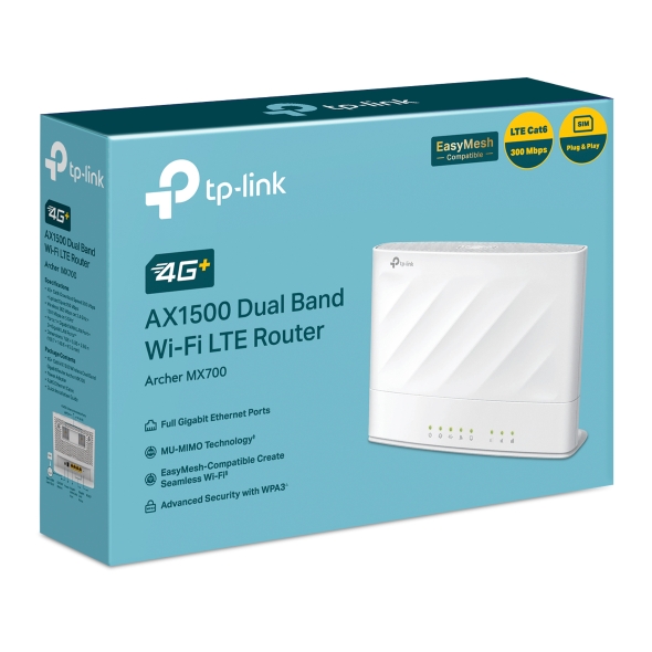 [NWTL-ARCHERMX700] NWTL-ARCHERMX700 TP-Link Archer MX700 4G+ AX1500 Dual Band Wi-Fi LTE Router with Cat6 300 Mbps 4G+, AX1500 dual-band, nano SIM, 1×WAN/LAN + 3×LAN, and external antenna