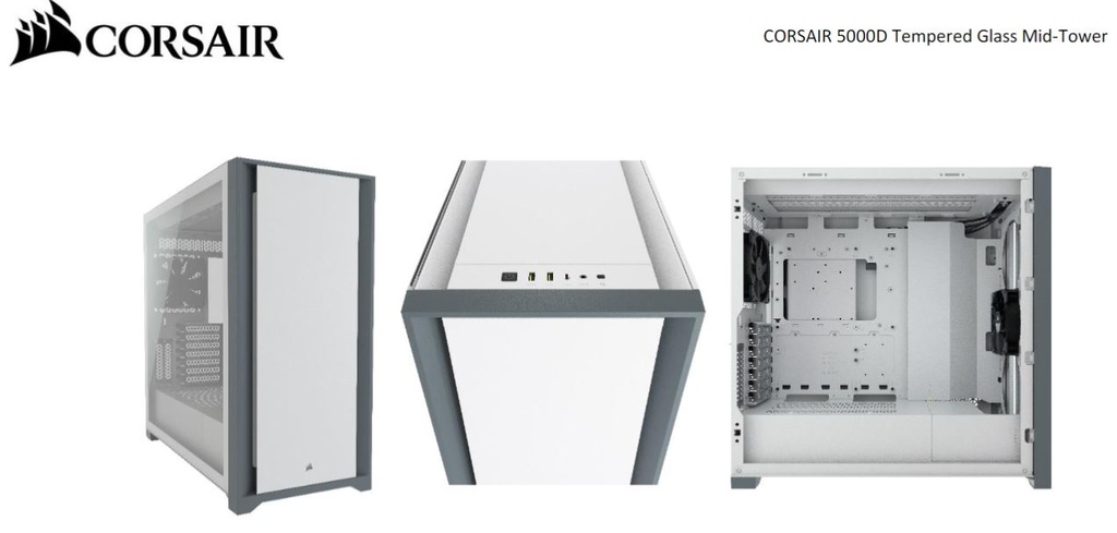 Corsair 5000D TG E-ATX, ATX, USB Type-C, 2x 120mm Airguide Fans, Radiator 360mm. 7+2 PCI Slots, 4x 2.5" SSD, 2x 3.5" HDD. VGA 420mm. White. Case (LS)