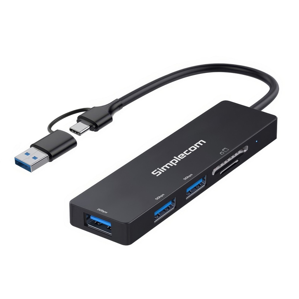 [USSI-CH365C] USSI-CH365C Simplecom CH365C SuperSpeed 3-Port USB Hub with SD MicroSD Card Reader USB-A and USB-C Dual Connector