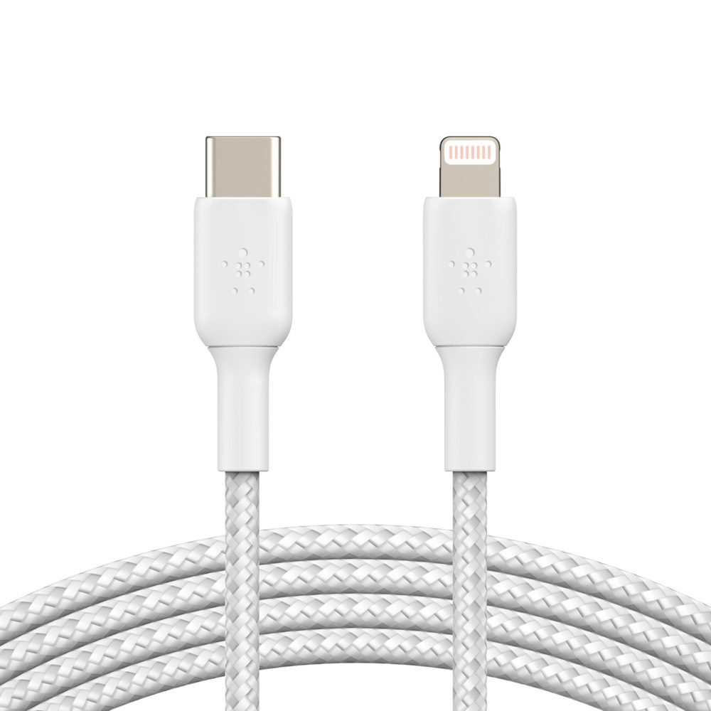 Belkin BoostCharge Braided Lightning to USB-C Cable (1m/3.3ft) - White(CAA004bt1MWH), 480Mbps, 10K+ bend, Apple iPhone / iPad / Macbook, 2YR