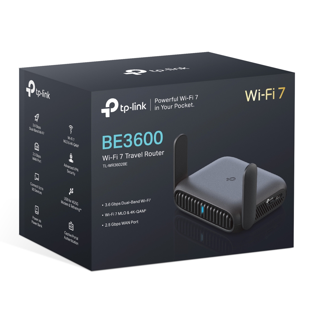 [NWTL-WR3602BE] NWTL-WR3602BE TP-Link TL-WR3602BE BE3600 Dual-Band Wi-Fi 7 Portable Travel Router 688 Mbps at 2.4 GHz at + 2882 Mbps at 5GHz, 2.5G Multi-Gig Connectivity
