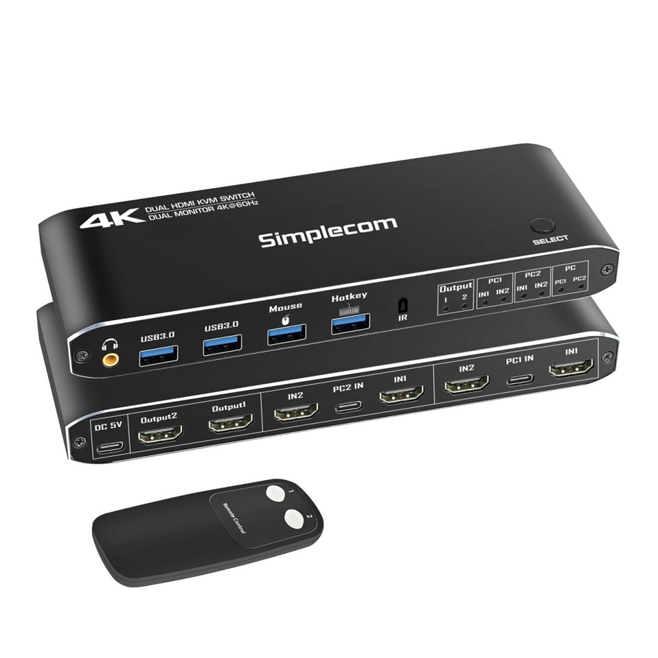[HXSI-KM430] HXSI-KM430 Simplecom KM430 Dual HDMI Monitor KVM Switch for 2 Computers with 4-Port USB Hub 4K@60Hz Keyboard Hotkey