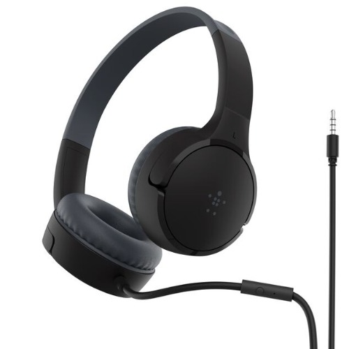 MPA-AUD004BTBK Belkin SoundForm Mini Wired on-Ear Headphones for Kids - Black(AUD004btBK), 85dB Volume Cap, Built-in Microphone, 3.5mm Connector, 2 Years Warranty