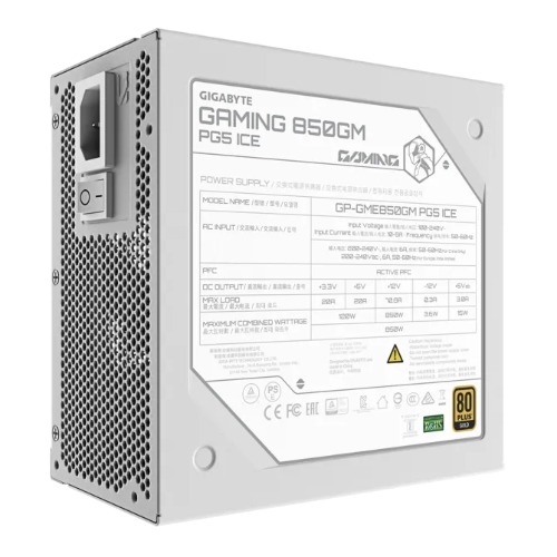 [CFGP-GME850GMPG5ICE] CFGP-GME850GMPG5ICE GIGABYTE GAMING 850GM PG5 ICE 850W 80+ Gold ATX 3.1 PSU PCIe5 16pin FM 135mm fan 2xEPS 4xPCIe 8xSATA OVP OPP SCP UVP OCP OTP 90eff 100k MTBF