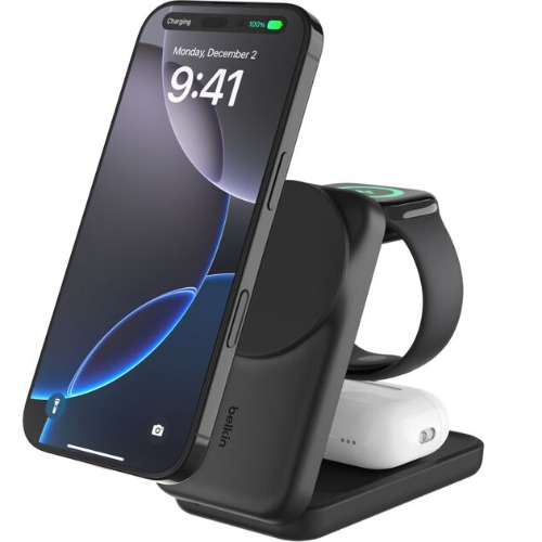 MPA-WIZ037AUBK Belkin UltraCharge 3-in-1 Foldable Magnetic Charger w/ Qi2 (25W) +USB-C Wall Charger(45W)+USB-C Cable(15M)-Black(WIZ037auBK),$2500CEW,2 Years Warranty