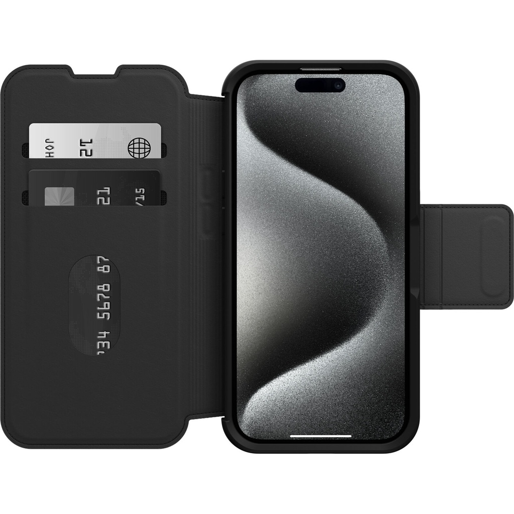 OtterBox Strada MagSafe Apple iPhone 15 Pro (6.1") Case Shadow (Black) - (77-93560), DROP+ 3X Military Standard, Leather Folio Cover,7 Years Warranty