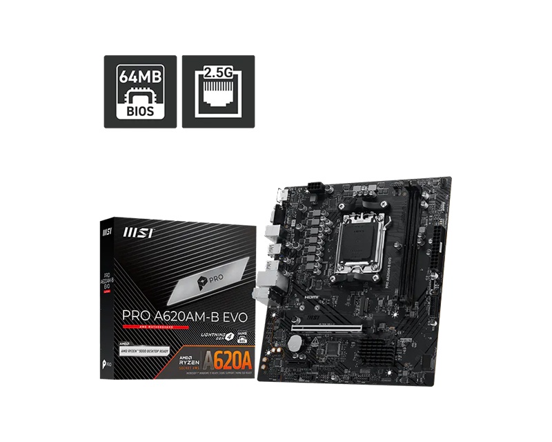 [MBM-PRO-A620AM-B-EVO] MBM-PRO-A620AM-B-EVO MSI PRO A620AM-B EVO ATX Motherboard, AM5, AMD A620A, 2xDDR5 128GB, PCIe4.0 x16, 1xM.2, 2xSATA, HDMI/VGA, 2.5G LAN, ATX