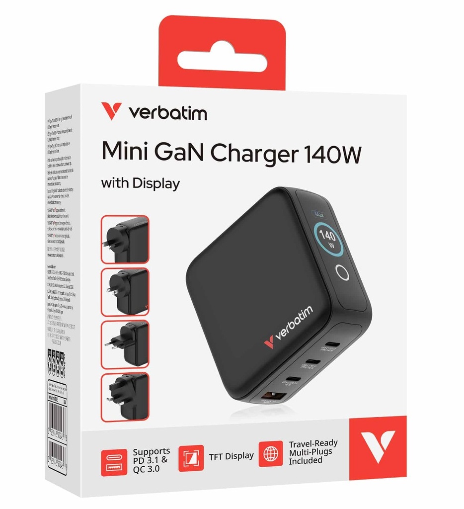 MPV-30243 Verbatim Mini GaN Charger 140W with Display  Premium 4-port GaN wall charger with three USB-C® and one USB-A port
