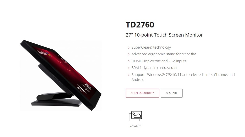 ViewSonic 27" TD2760 10-point Touch Screen, RS232 Serial Port, Advance Ergonomic Tilt or flat. Supports Winodws, Chrom, Linux, Android, Monitor,