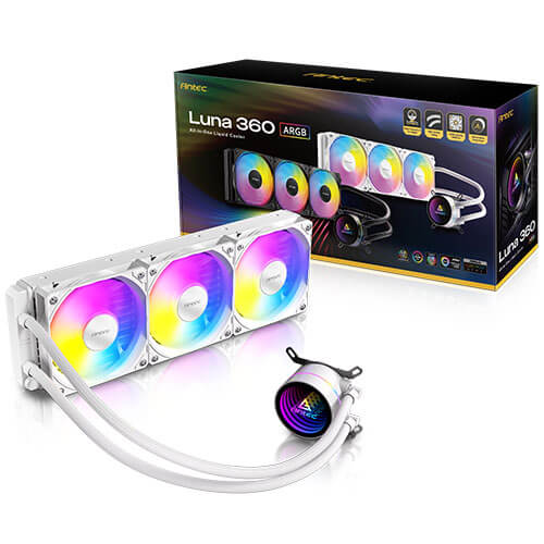 CFA-LUNA360ARGB-WH Antec Luna 360 ARGB White, 360mm AIO, 3x120mm ARGB PWM Fans, 800-1800RPM, 67.62CFM, Intel LGA1700/1851, AMD AM4/AM5, 2Y Warranty