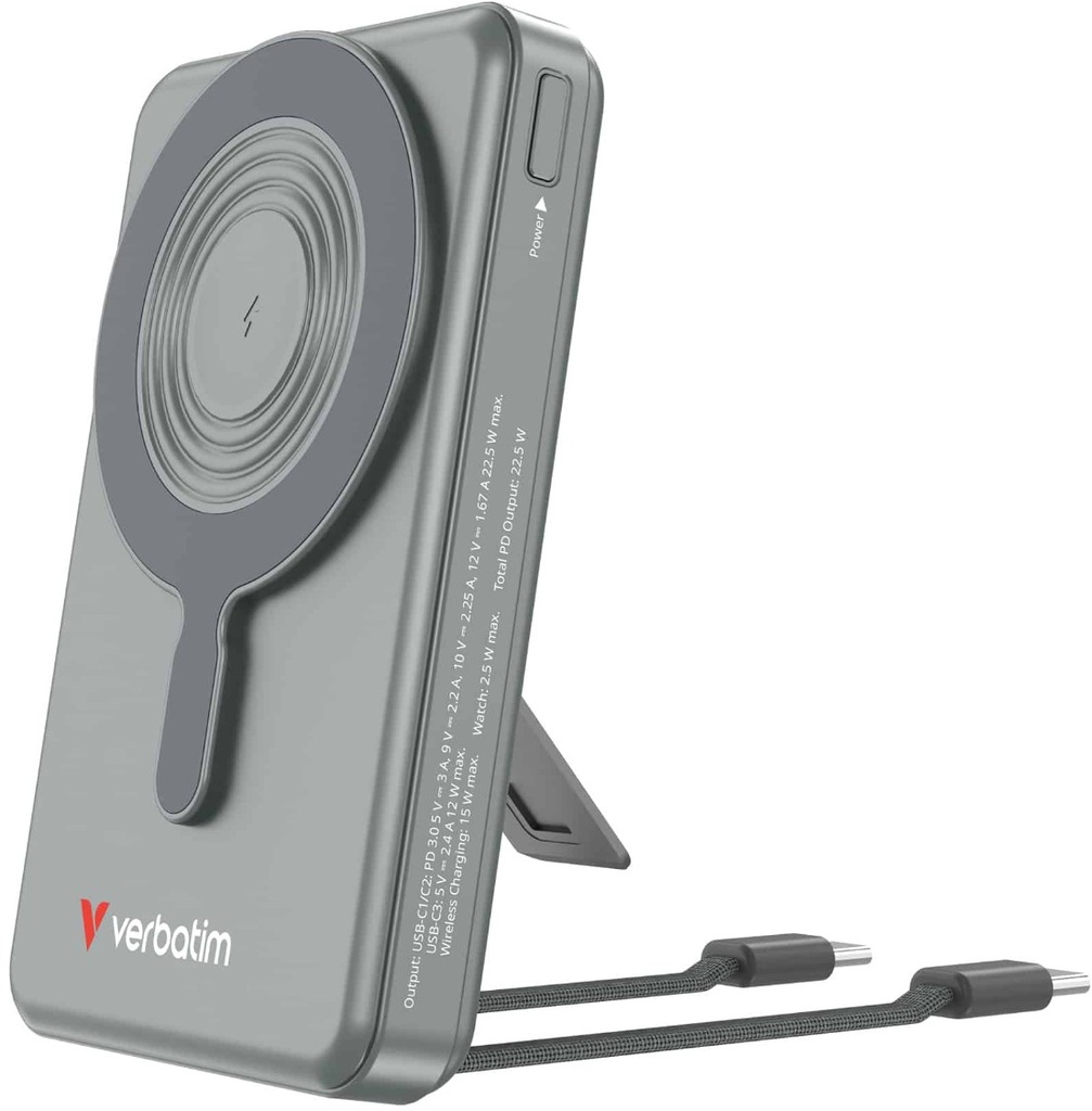 MPV-32272 Verbatim Power Bank Magnetic Wireless 10.000 mAh C+C Display - Grey