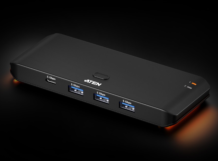 KVA-US4324-AT Aten Essential 2x4 USB 3.2 Gen 1 Sharing Switch, Sharing of four USB peripherals at blazing-fast 5 Gbps between two PCs / pushbutton or Remote