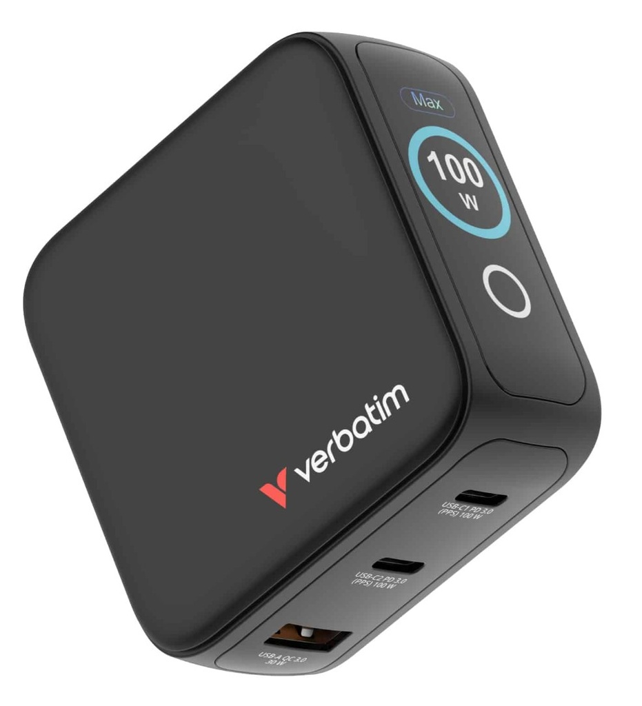 MPV-30242 Verbatim Mini GaN Charger 100W with Display  Compact 3-port wall charger with USB-C® Power Delivery and Quick Charge 3.0