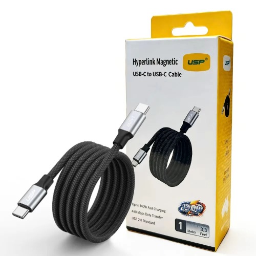 [MPA-6976552044424] MPA-6976552044424 USP Braided HyperLink USB-C to USB-C (1M) Magnetic Cable - Black, Charge & Connect,Digital Display,140W PD, 5 Years Warranty