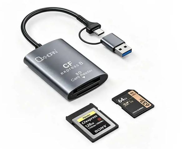 [CBO-AD-CR322] CBO-AD-CR322 Oxhorn USB 3.2 Gen 2 10Gbps CF Express B and SD Card-reader Aluminum USB-C 3.2 USB-A 3.2 lightweight Plug-and-play Silver