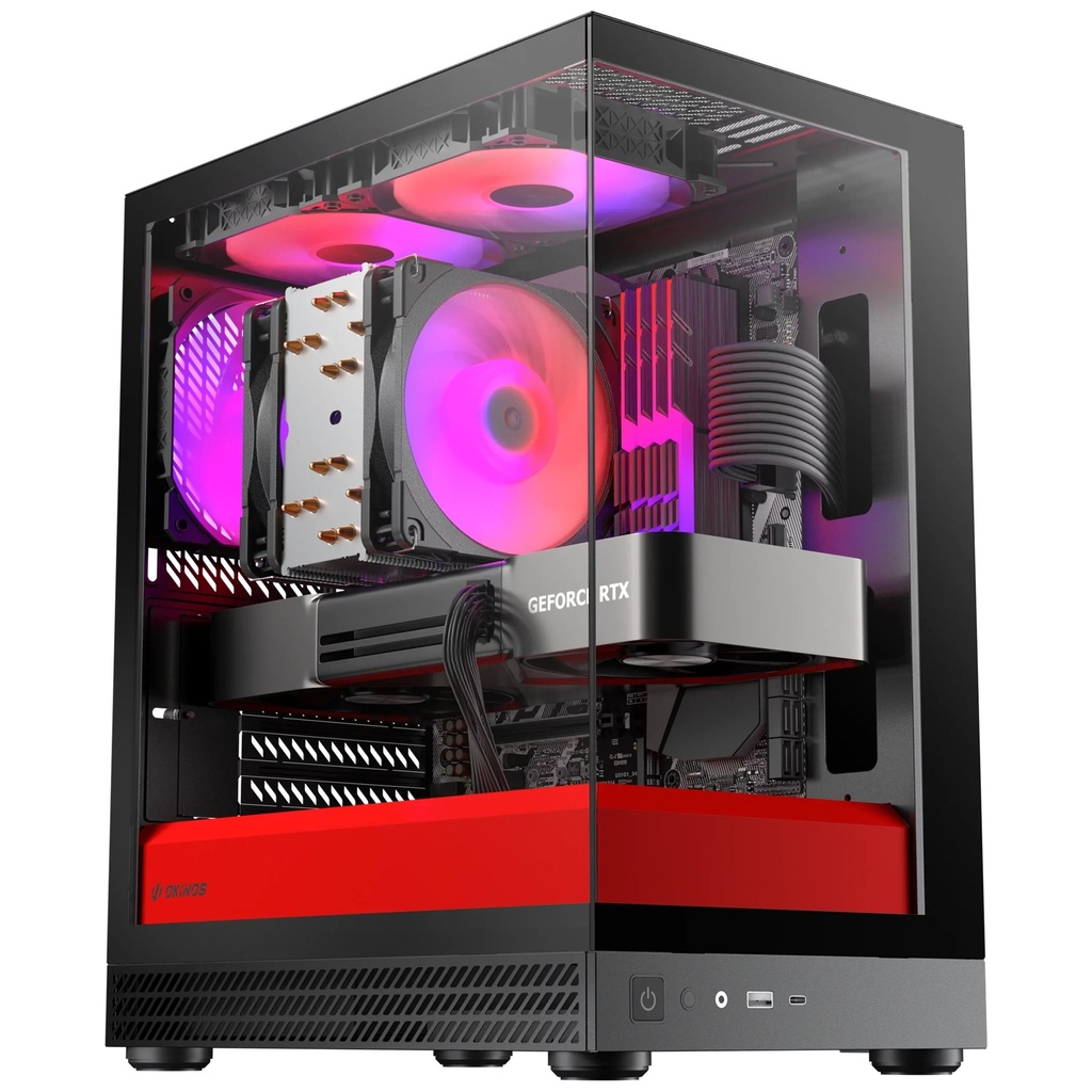 CAO-AQUA-UNO-SCARLET OKINOS AQUA UNO SCARLET, Mini Tower, Micro-ATX/ITX, 270° Tempered Glass, USB-C 5Gbps, 3× ARGB Fans, 309mm GPU, Dust Filters