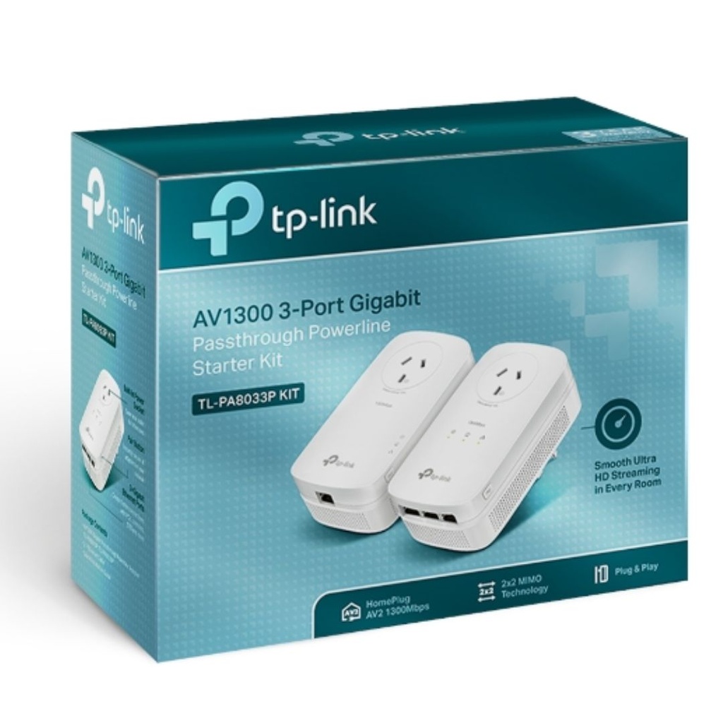 NWTL-PA8033PKIT TP-Link TL-PA8033P KIT AV1300 Passthrough Powerline KIT, Qualcomm, 3 Gigabit Ports, 1300Mbps Powerline, 2*2 MIMO,  HomePlug AV2, New PLC Utility, Twin