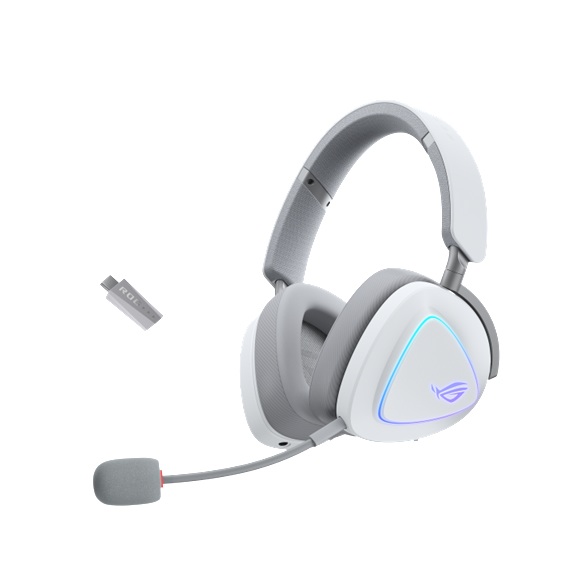 SPA-ROG-DELTAII-WH ASUS ROG Delta II Gaming Headset - WH, Tri-Mode (2.4GHz/BT/3.5mm), 50mm Titanium Drivers, 24-bit/96kHz, 32Ω, 20Hz-20kHz, 10mm Mic, 110H Bat, 318g, RGB