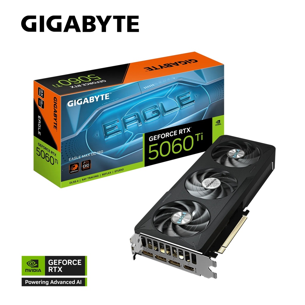 VCG--N506TEAGLEMAXOC-16G Gigabyte GeForce RTX™ 5060 Ti EAGLE MAX OC 16G, 2617 MHz, CUDA 4608, 28 Gbps, GDDR7, 128 bit, PCI-E 5.0, PSU 650W, DisplayPort 2.1b *3 HDMI 2.1b *1