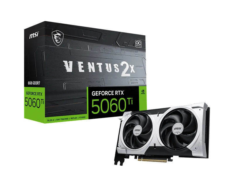VCM-RTX5060T8GVENT2XOCPL MSI nVidia GeForce RTX™ 5060 Ti 8G VENTUS 2X OC PLUS, PCI Express® Gen 5 x16, Boost: 2602 MHz, CUDA 4608 Units, 8GB GDDR7, HDMI™ x 1