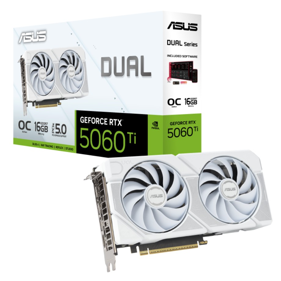 VCA-RTX5060TI-O16G-DU-W ASUS nVidia Dual GeForce RTX™ 5060 Ti 16GB GDDR7 OC Edition - White, 759 TOPs, 4608 CUDA, 28Gbps, 128-bit, PCIe 5.0, 2.5-Slot