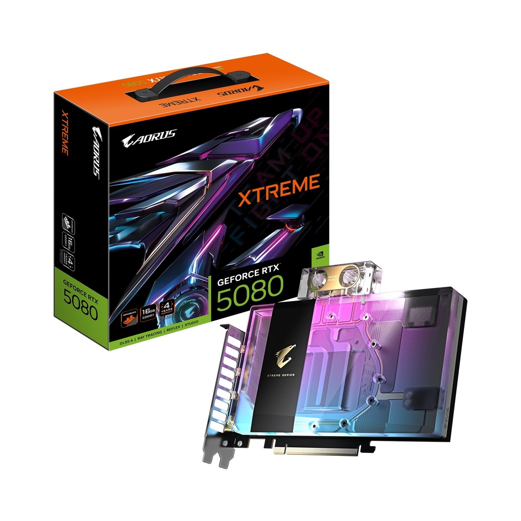 VCG-GV-N5080AORUSXWB-16G Gigabyte AORUS GeForce RTX™ 5080 XTREME WATERFORCE WB 16G, 2805 MHz, CUDA 10752, 30 Gbps, GDDR7, 256 bit, PCI-E 5.0, PSU 850W, HDMI 2.1b x1