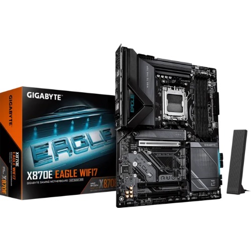 MBG-X870E-EAGLEWIFI7 Gigabyte X870E EAGLE WIFI7 AM5 ATX, Ryzen 9000/8000/7000, 4×DDR5 256GB, PCIe 5.0 M.2, USB4, Wi-Fi 7, 5GbE LAN, ALC1220, HDMI, Q-Flash Plus