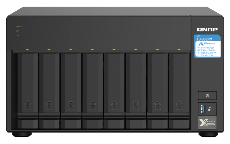 [TS-832PX-4G] TS-832PX-4G 8-Bay NAS, AL324 64-bit quad-core 1.7GHz, 4GB DDR4 SODIMM RAM (1 x 4GB, max 16GB), 8 x 3.5"/ 2.5" drive slots, 2 x 10GbE SFP+ LAN, 2 x 2.5GbE LAN
