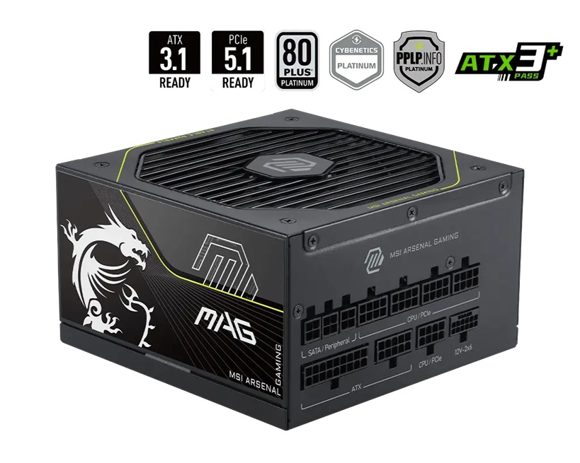 PSM-MAGA1000PLSPCIE5 MSI MAG A1000PLS PCIE5, 1000W, 80 PLUS Platinum, Fully Modular, ATX, Native 12V-2x6 PCIe 5.1, 135mm FDB Fan, RTX 50 Series Ready