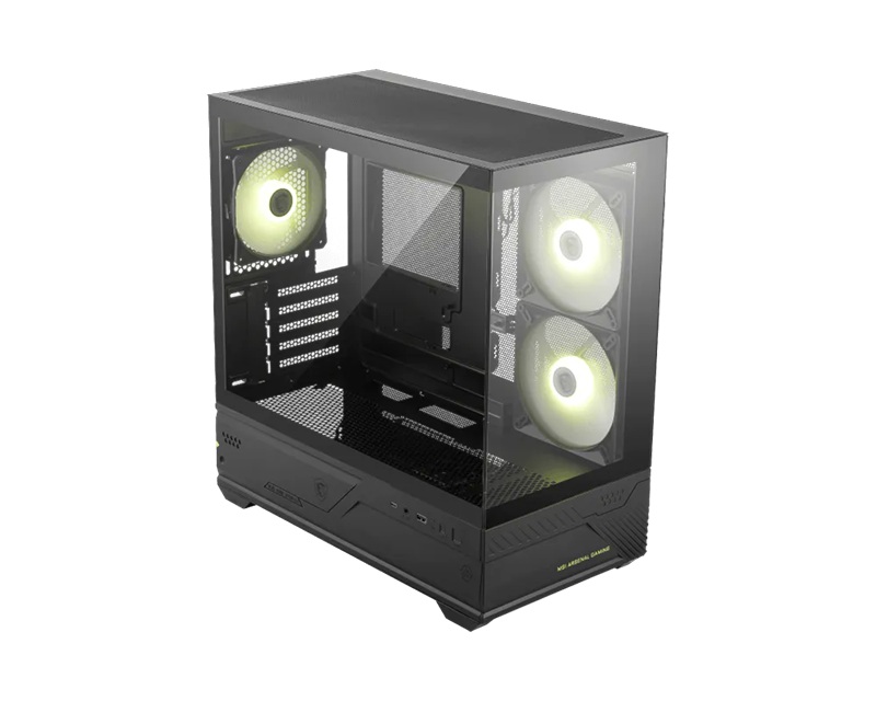 CAM-MAGPANOM110R MSI MAG PANO M110R - Black, Mini Tower, 270° Panoramic Glass, Micro-ATX/Mini-ITX, 3x ARGB Fans, 360mm Radiator, 410mm GPU, USB-C, 5 Expansion Slots
