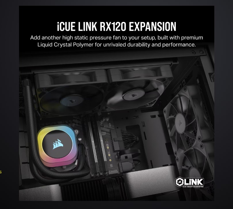 Corsair RX120  iCUE LINK  120mm PWM Single Fan Expansion. Black Fan - Glass fiber-reinforced LCP fan blades