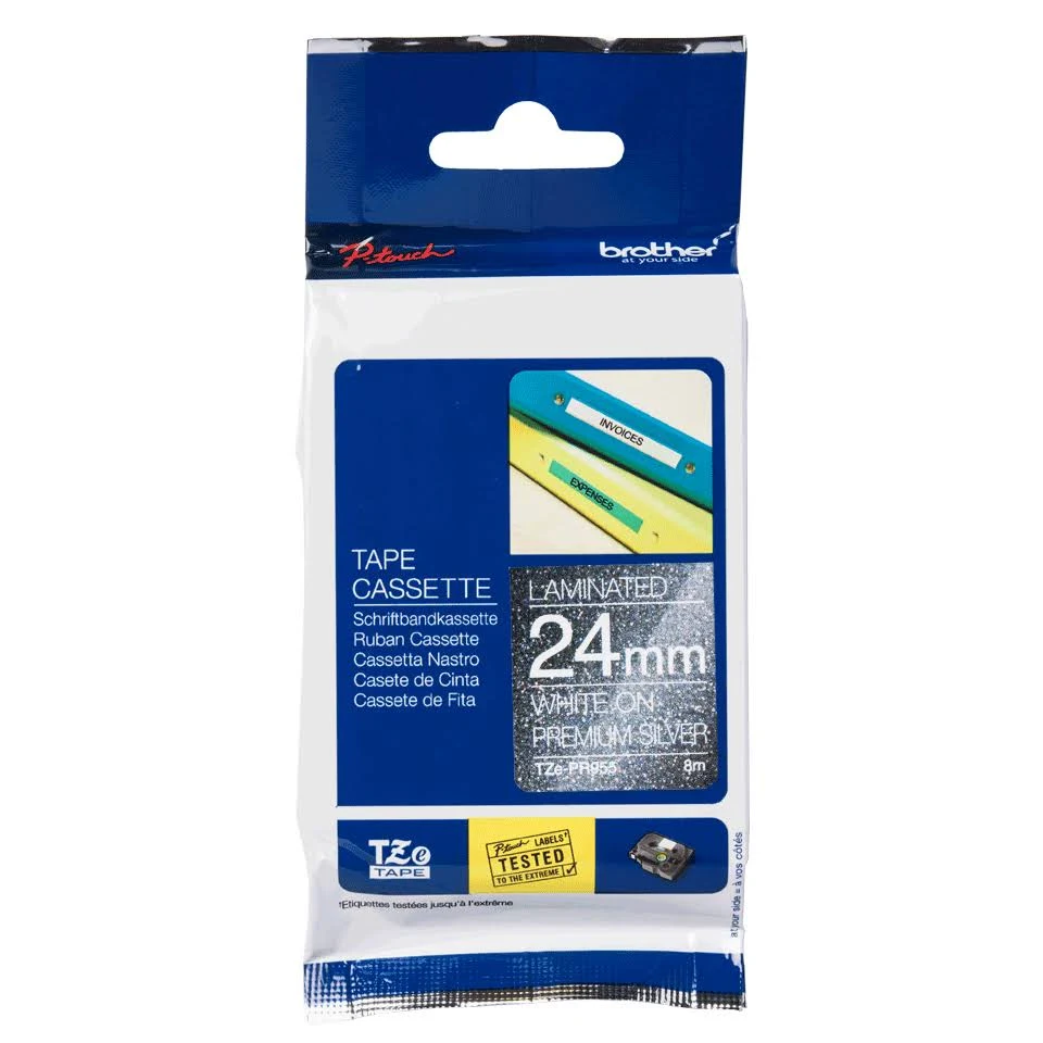 TZE-PR955 TZE tapes-24mm WHITE ON PREMIUM SILVER