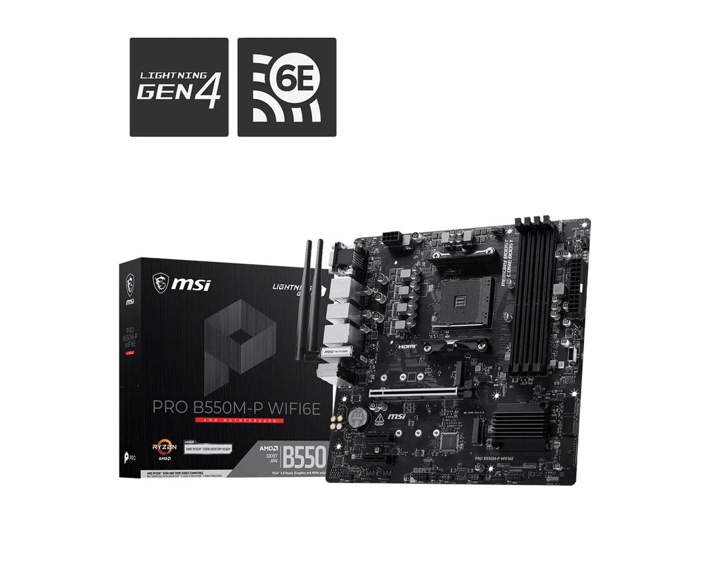 MBM-B550M-P-WIFI6E MSI PRO B550M-P WIFI6E, AMD B550, AM4, DDR4 128GB, PCIe 4.0, 2x M.2, Wi-Fi 6E, 1Gb LAN, USB Type-C.
