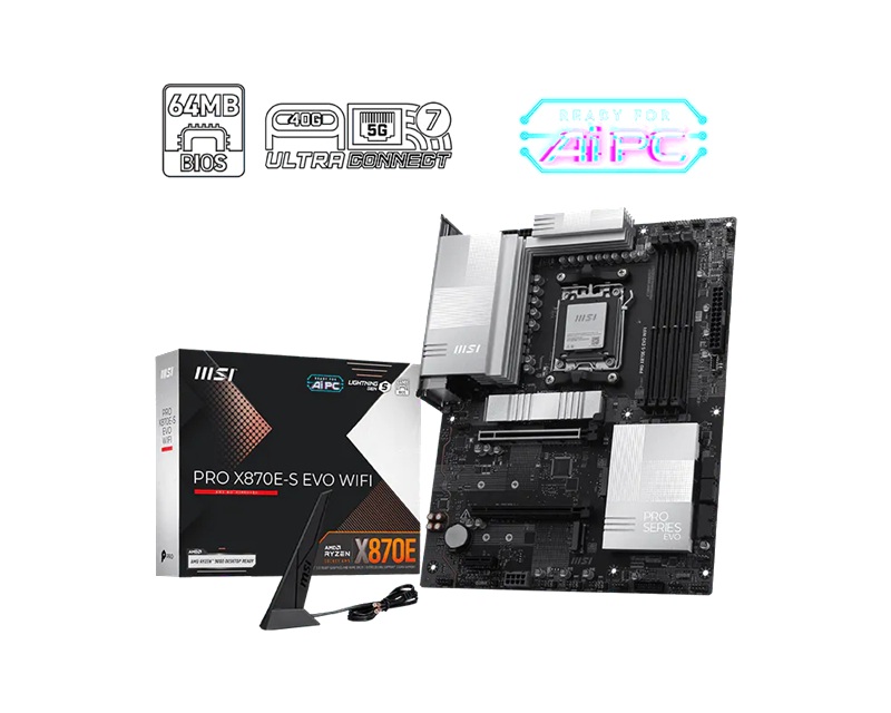 MBM-X870E-SEVOWIFI MSI PRO X870E-S EVO WIFI, AMD X870E, AM5, DDR5 256GB, PCIe 5.0, 3x M.2, Wi-Fi 7, 5G LAN, USB 40Gbps