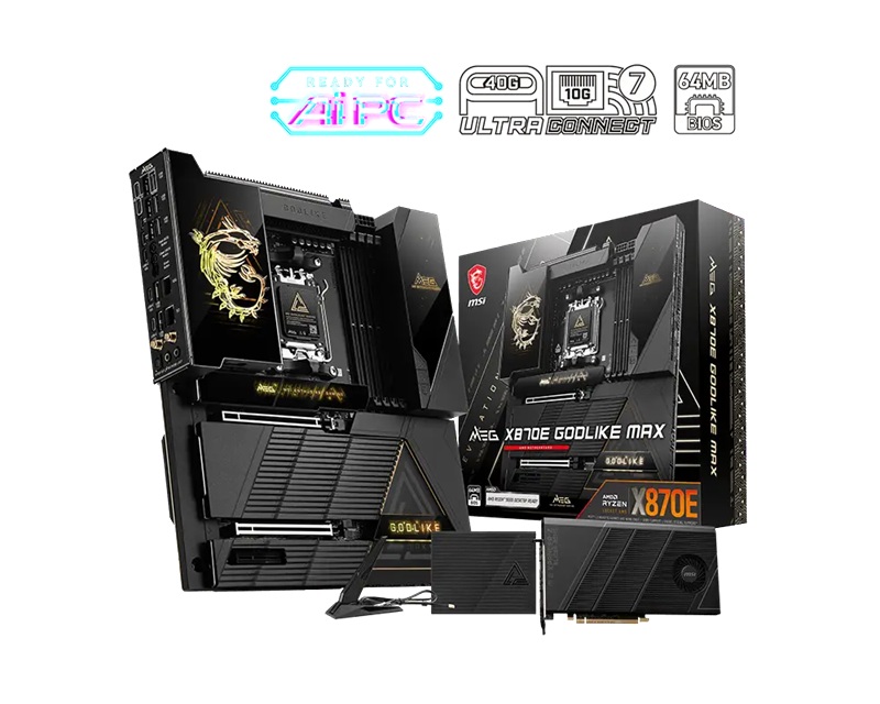 CAM-MEGX870EGODLIKEMAX MSI MEG X870E GODLIKE MAX, AM5, AMD X870E, DDR5 9200+ OC, PCIe 5.0, Wi-Fi 7, 10G+5G LAN, USB4 40Gbps, Dynamic Dashboard III