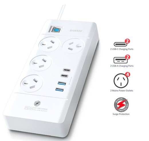 UPSA-PAD-4144C Sansai 4 Way Powerboard 4 Outlet 2×USB-A 2×USB-C Charging Ports Ports 10A 240V Individually Switched 2 extra spaced sockets 1M Length
